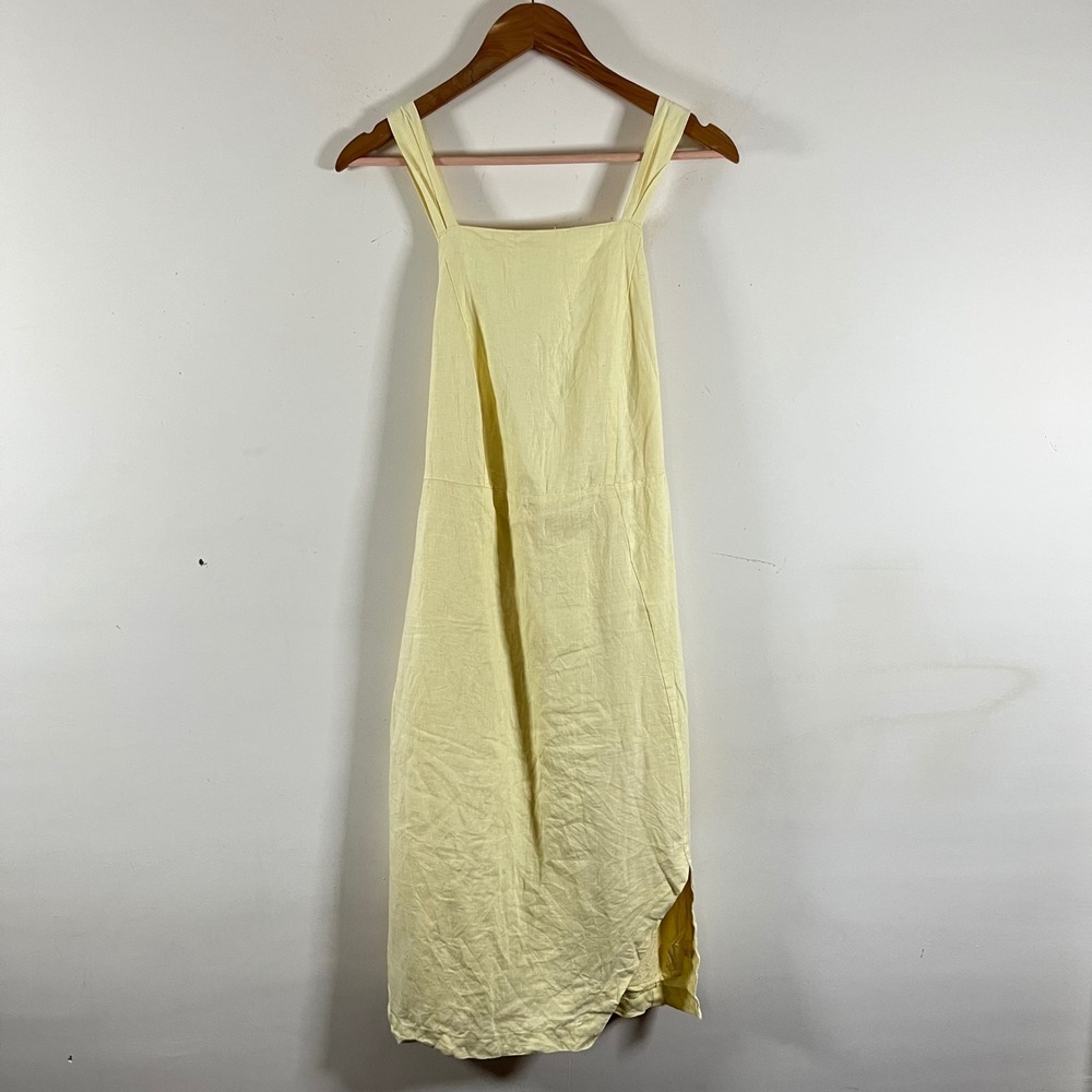 Rowie The Label 100% Linen Butter Yellow Midi Dress Tie Back Adjustable Lined Sm